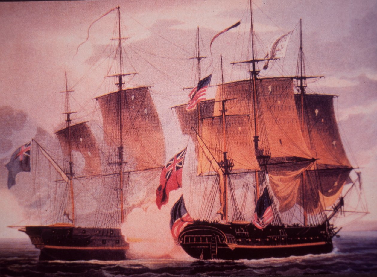 HMS Shannon és USS Chesapeake (színes litho) alkotó: John Ward Dunsmore