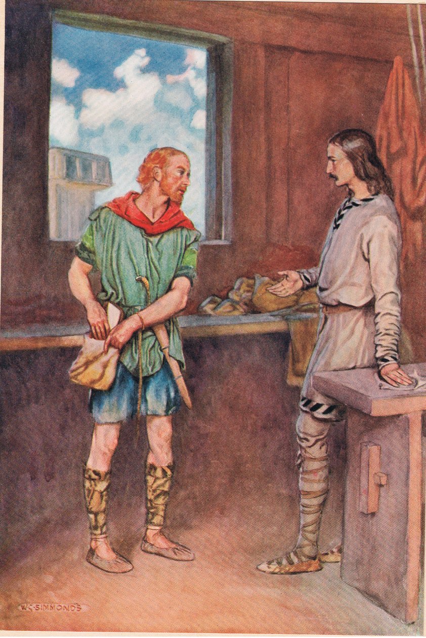 Egy matróz átadja Horatiónak Hamlet levelét, William Shakespeare "Hamlet" című művéből, a Hodder und Stoughton kiadónál 1915-ben megjelent kiadásban. alkotó: W. G. Simmonds