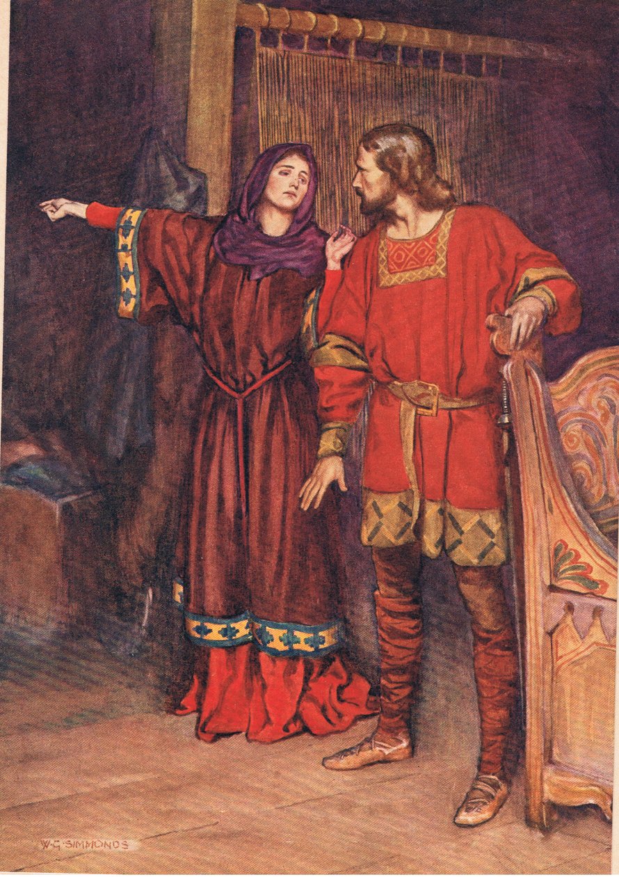 Gertrude felfedi, hogy Hamlet megölte Poloniust, William Shakespeare Hamletjéből, a Hodder und Stoughton kiadásában 1915-ben. alkotó: W. G. Simmonds