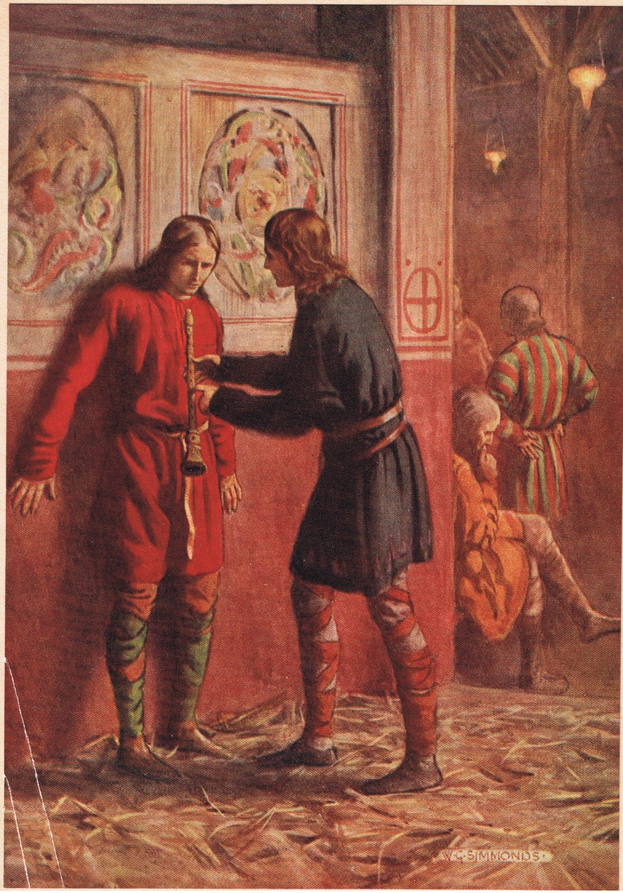Hamlet megpróbálja rávenni Guildensternt pipázni William Shakespeare „Hamlet” című művéből, a Hodder und Stoughton kiadásában 1915-ben. alkotó: W. G. Simmonds