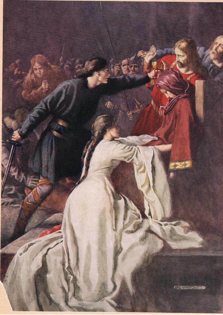 Hamlet arra kényszeríti a királyt, hogy mérget igyon, William Shakespeare "Hamlet"-jéből, a Hodder und Stoughton kiadónál 1915-ben megjelent kiadásban. alkotó: W. G. Simmonds