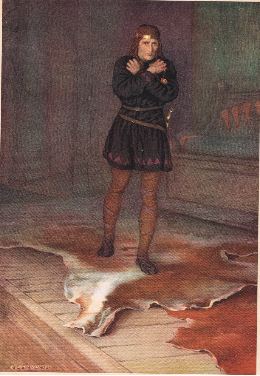 Hamlet azt tervezi, hogyan fog gonoszul beszélni az anyjával, William Shakespeare Hamletéből, a Hodder und Stoughton kiadásában 1915-ben. alkotó: W. G. Simmonds
