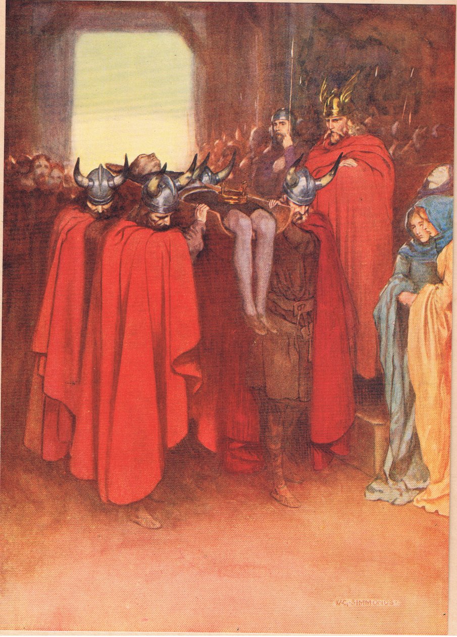 Horatio azt mondja az embereinek, hogy „viseljék Hamletet, mint egy katonát”, William Shakespeare „Hamletje” című kötetéből, a Hodder und Stoughton kiadásában 1915-ben. alkotó: W. G. Simmonds