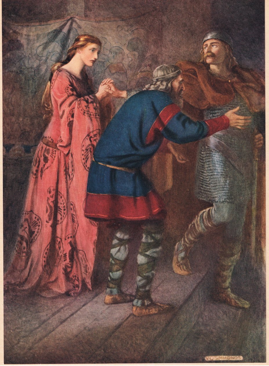 Laertes búcsút vesz nővérétől, Opheliától, William Shakespeare Hamletéből, a Hodder und Stoughton kiadásában 1915-ben. alkotó: W. G. Simmonds