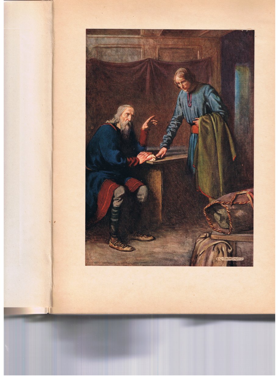 Polonius elküldi Reynaldót, hogy ellenőrizze fiát, Laertest, William Shakespeare "Hamlet"-jéből, a Hodder und Stoughton kiadónál 1915-ben megjelent kiadásban. alkotó: W. G. Simmonds