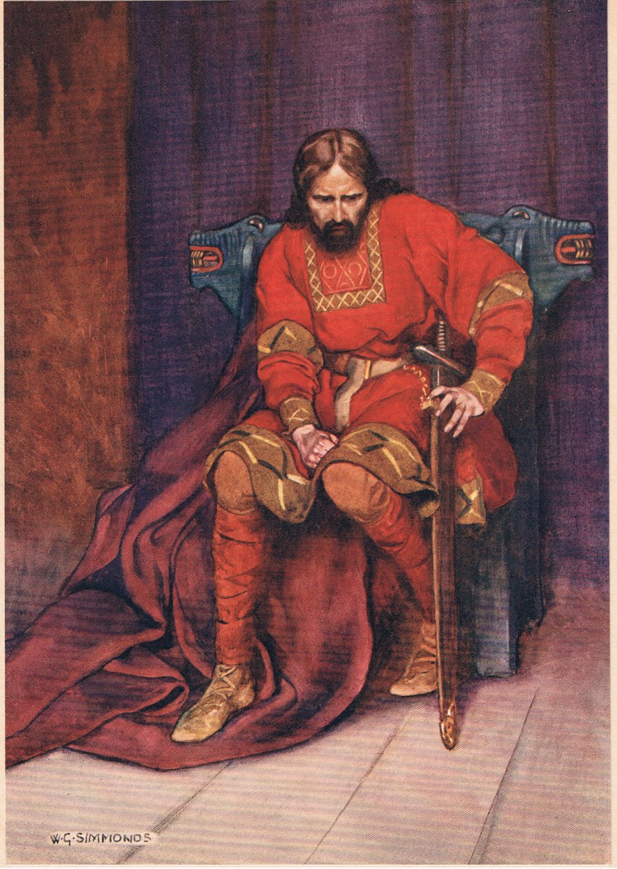 A király arról beszél, hogy Hamletet megölték, William Shakespeare Hamletéből, a Hodder und Stoughton kiadásában 1915-ben. alkotó: W. G. Simmonds