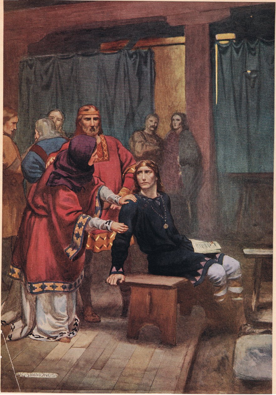 A királynő megpróbálja megvigasztalni Hamletet, William Shakespeare "Hamlet" című művéből, a Hodder und Stoughton kiadónál 1915-ben megjelent kiadásban. alkotó: W. G. Simmonds