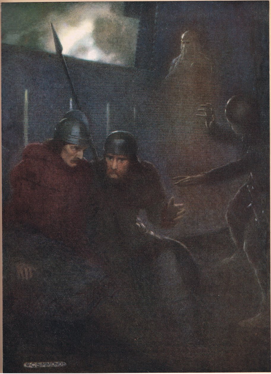 Hamlet apjának szelleme megjelenik William Shakespeare „Hamlet” című művéből, a Hodder und Stoughton kiadásában 1915-ben. alkotó: W. G. Simmonds