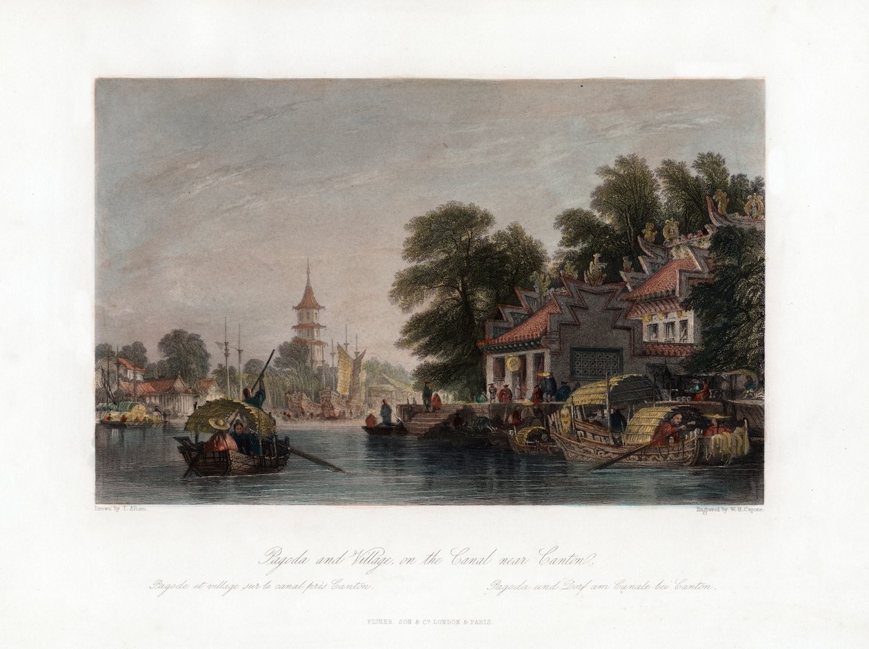 Pagoda és falu, a csatornán, Kanton közelében, Kínában, 1840. alkotó: W. H. Capone
