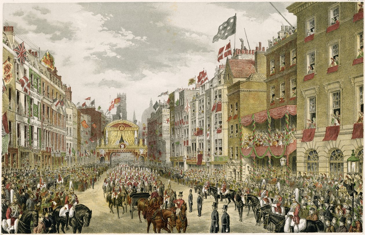 Felvonulás a Stranden, Temple Bar, Strand, London, Egyesült Királyság (színes gravírozás) alkotó: W. H. Russell