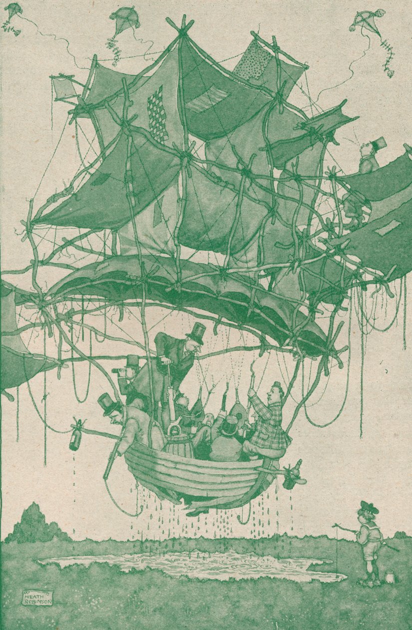 Meglehetősen korai típusú vízi repülőgép, amely próbarepülést hajt végre Hampstead Pondsból, 1918 1919 alkotó: William Heath Robinson