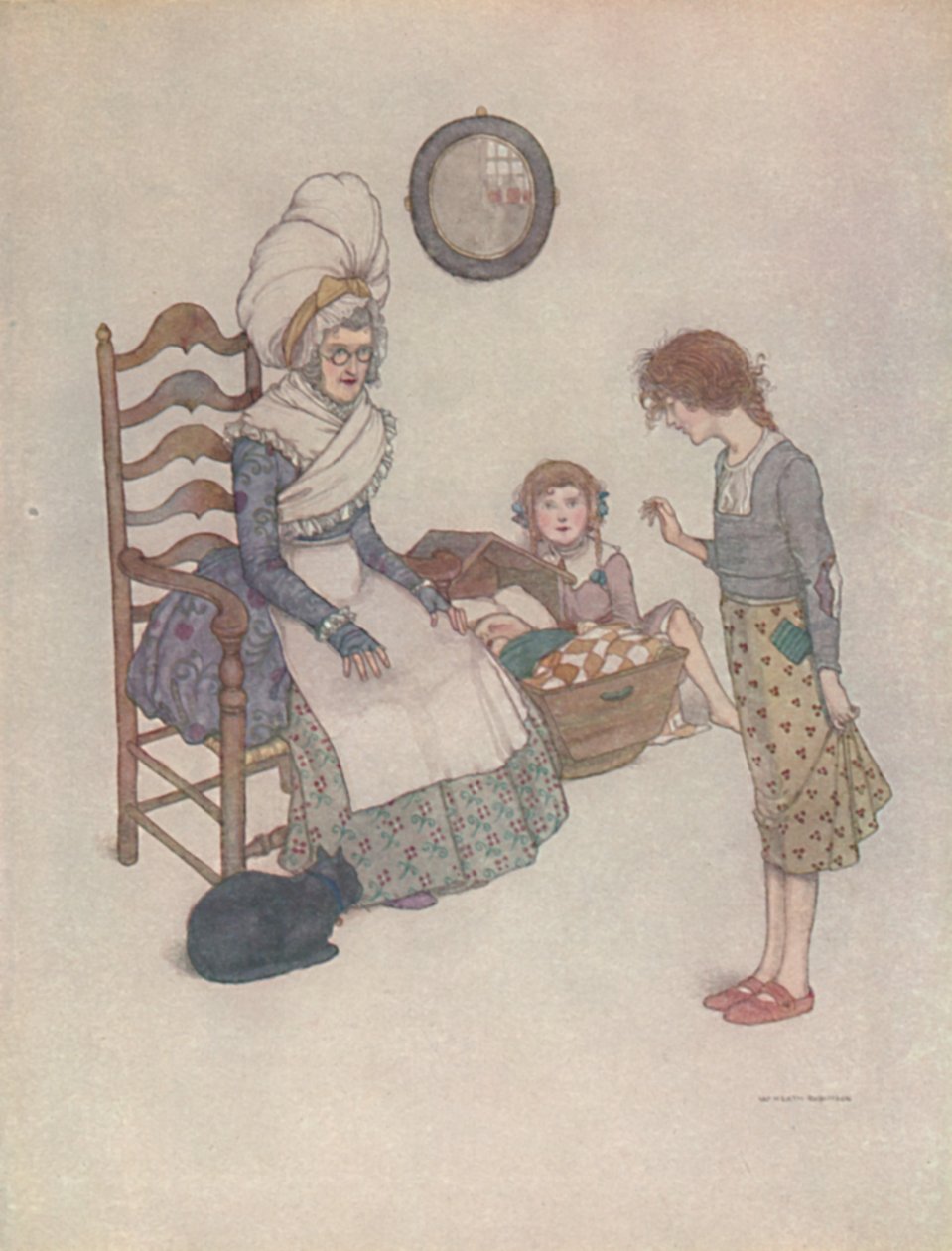 Egy nap leült, és néhány piros ruhadarabból csinált egy pár kis cipőt, 1930 alkotó: William Heath Robinson