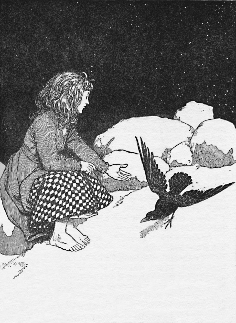 Hirtelen egy nagy holló ugrott fel előtte a havon, 1930 alkotó: William Heath Robinson