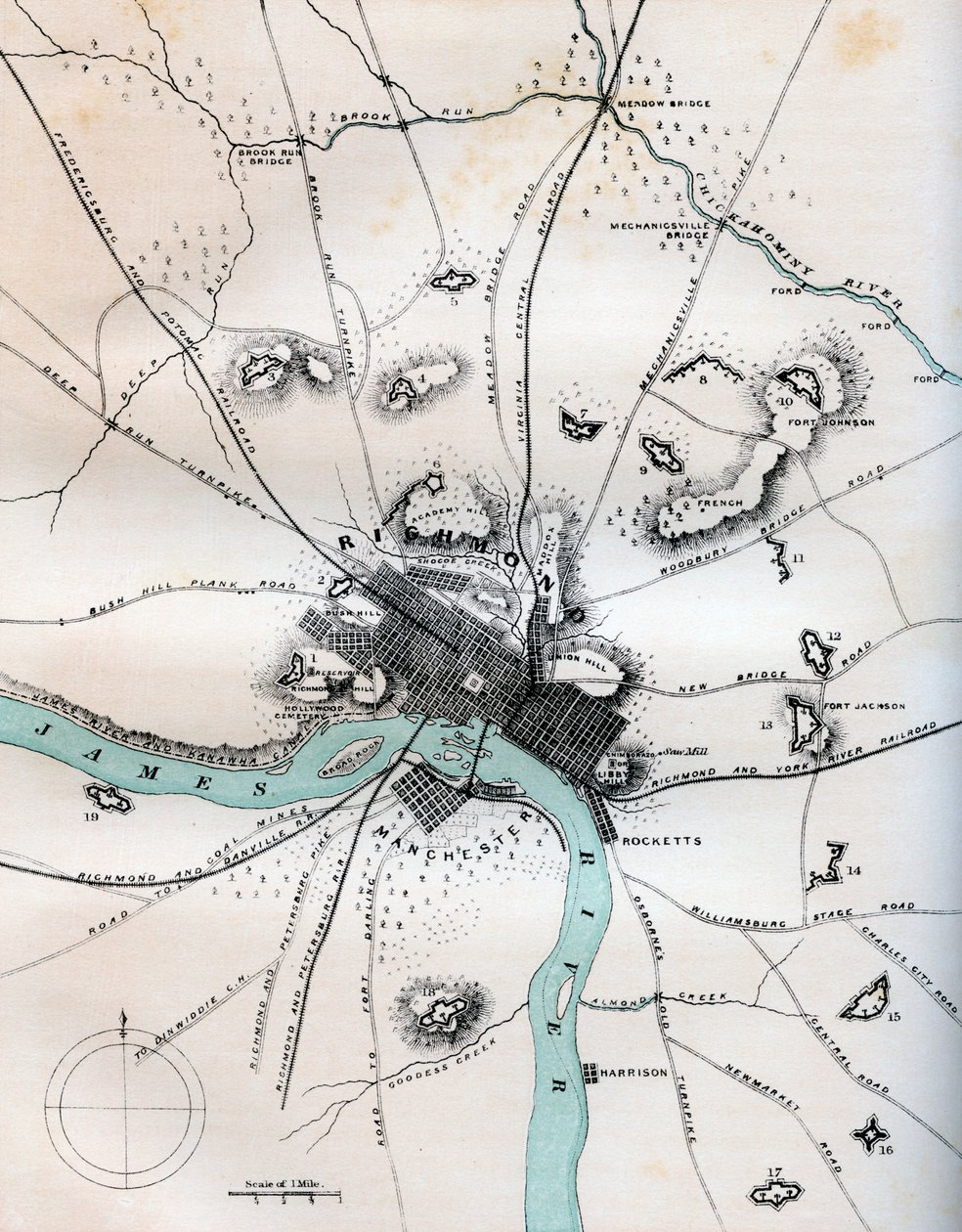 Richmond és környéke térképe az összes akkumulátorral, 1862-1867. alkotó: W Kemble