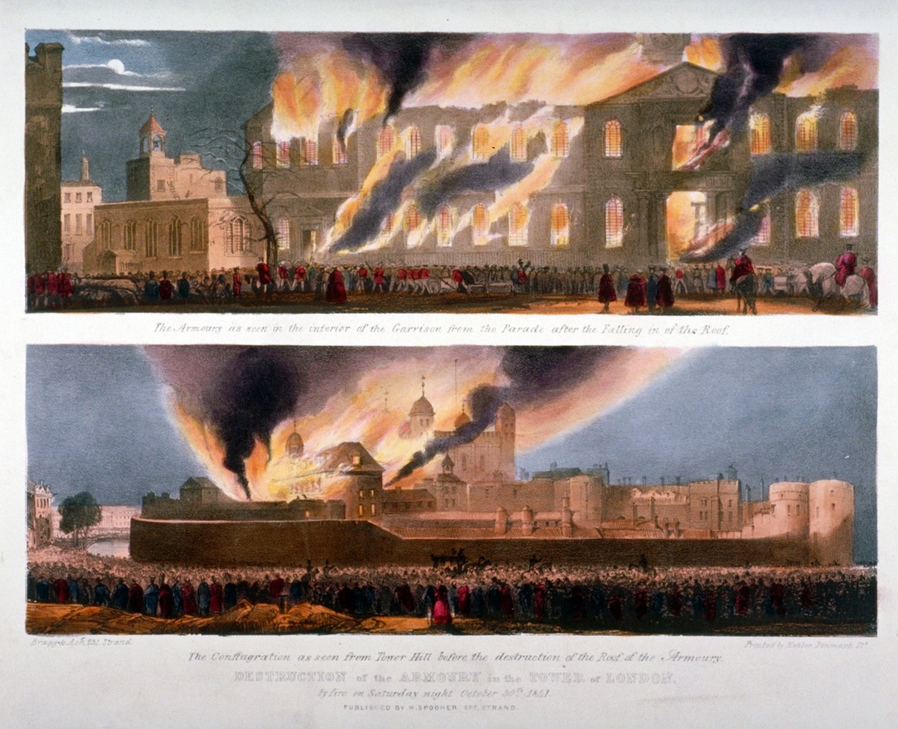 Két nézet a londoni Tower fegyvertárának tűz pusztításáról, 1841. október 30-án alkotó: W Kohler and Co