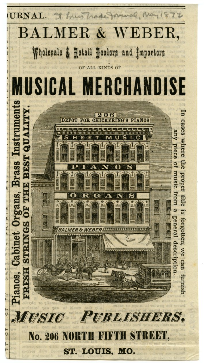 Balmer és Weber zenei cikkek nagy- és kiskereskedelmi kereskedői és importőrei, 206 North Fourth Street. alkotó: W. Mackwitz