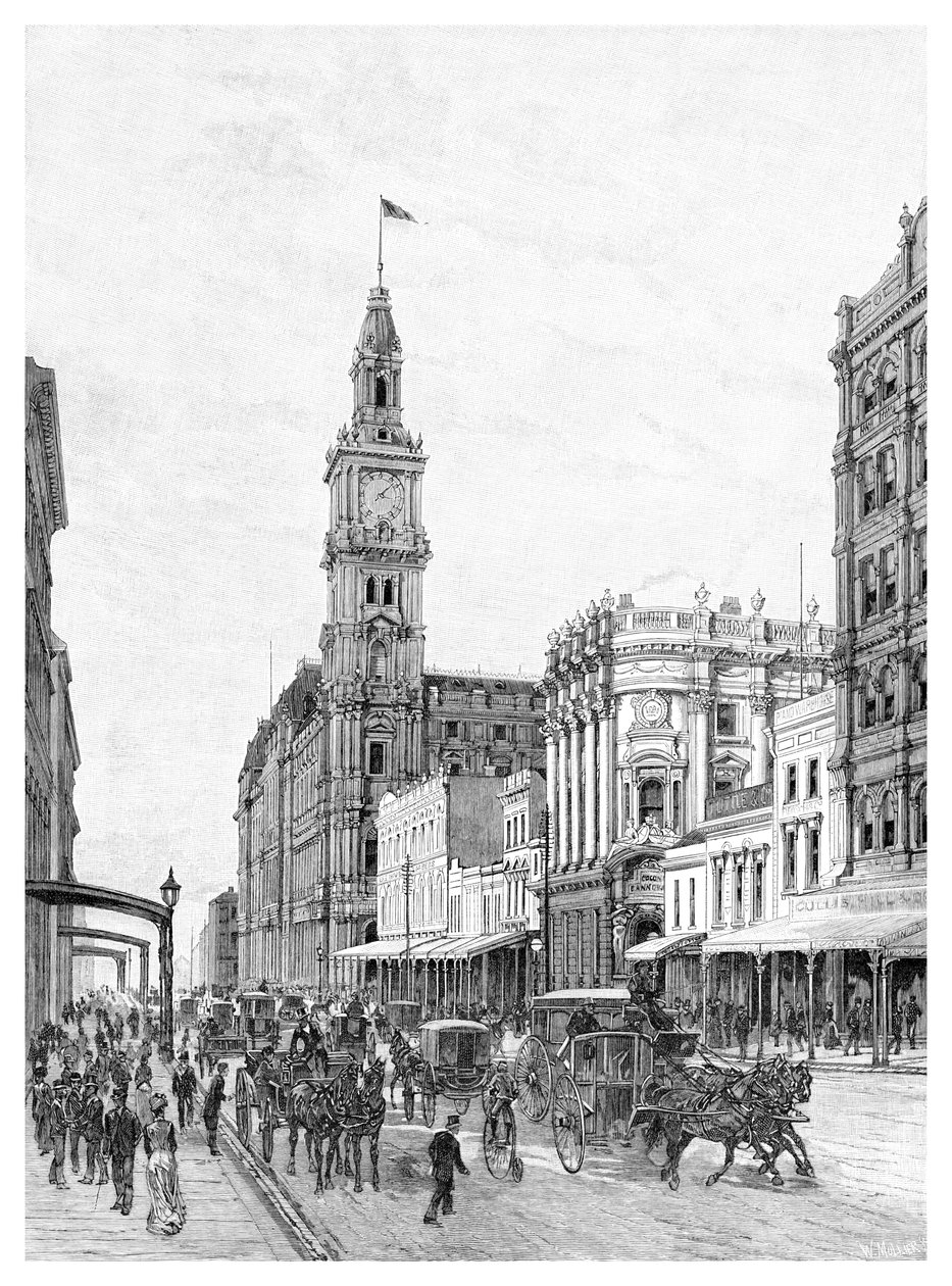 Elizabeth Street, Melbourne, Victoria, Ausztrália, 1886. alkotó: W. Mollier