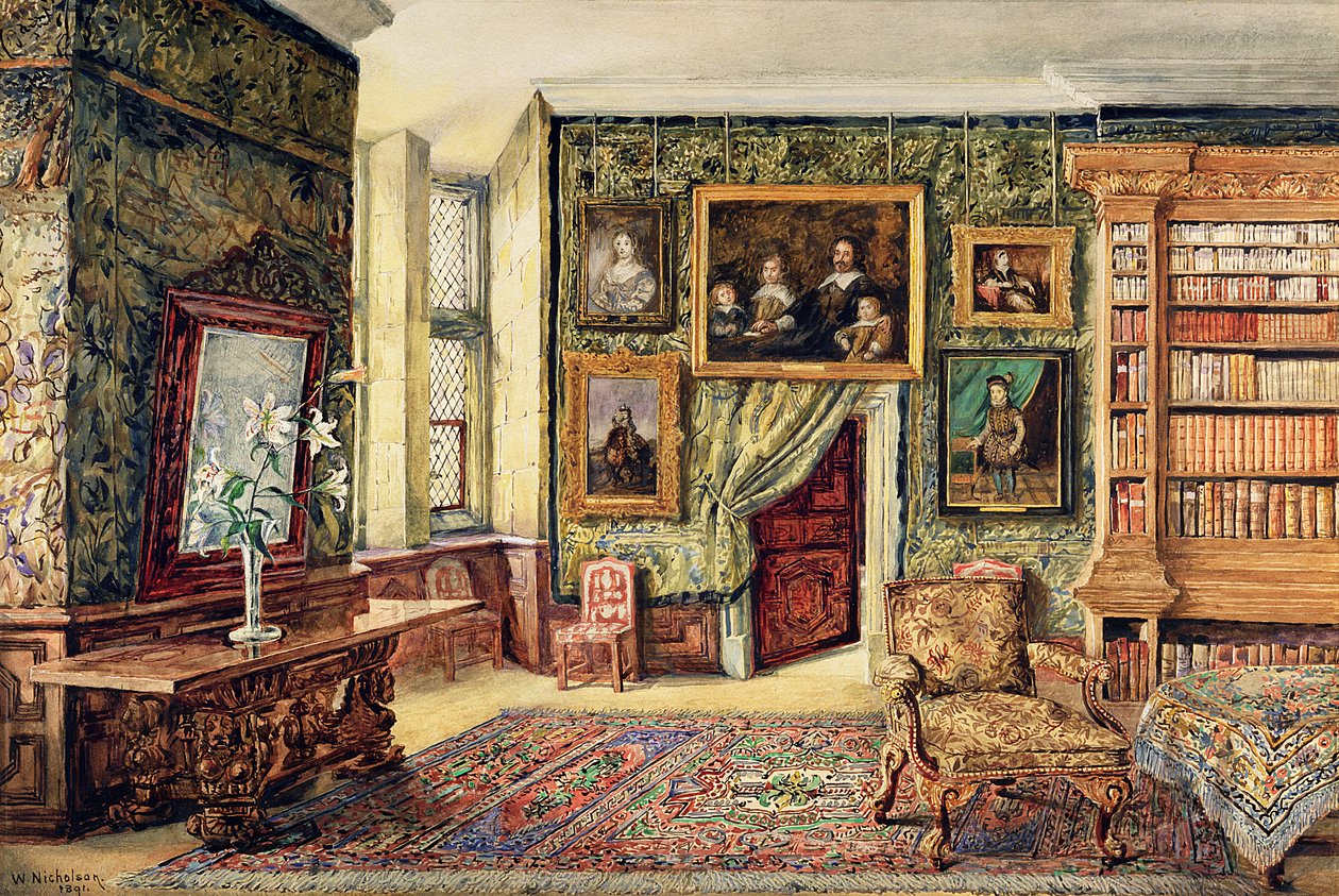 A könyvtár Hardwick Hallban, Derbyshire, 1891 (wc) alkotó: W. Nicholson
