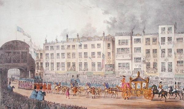 A Temple Bar látképe Viktória királynő 1837-es londoni látogatása idején alkotó: W. R. Browne