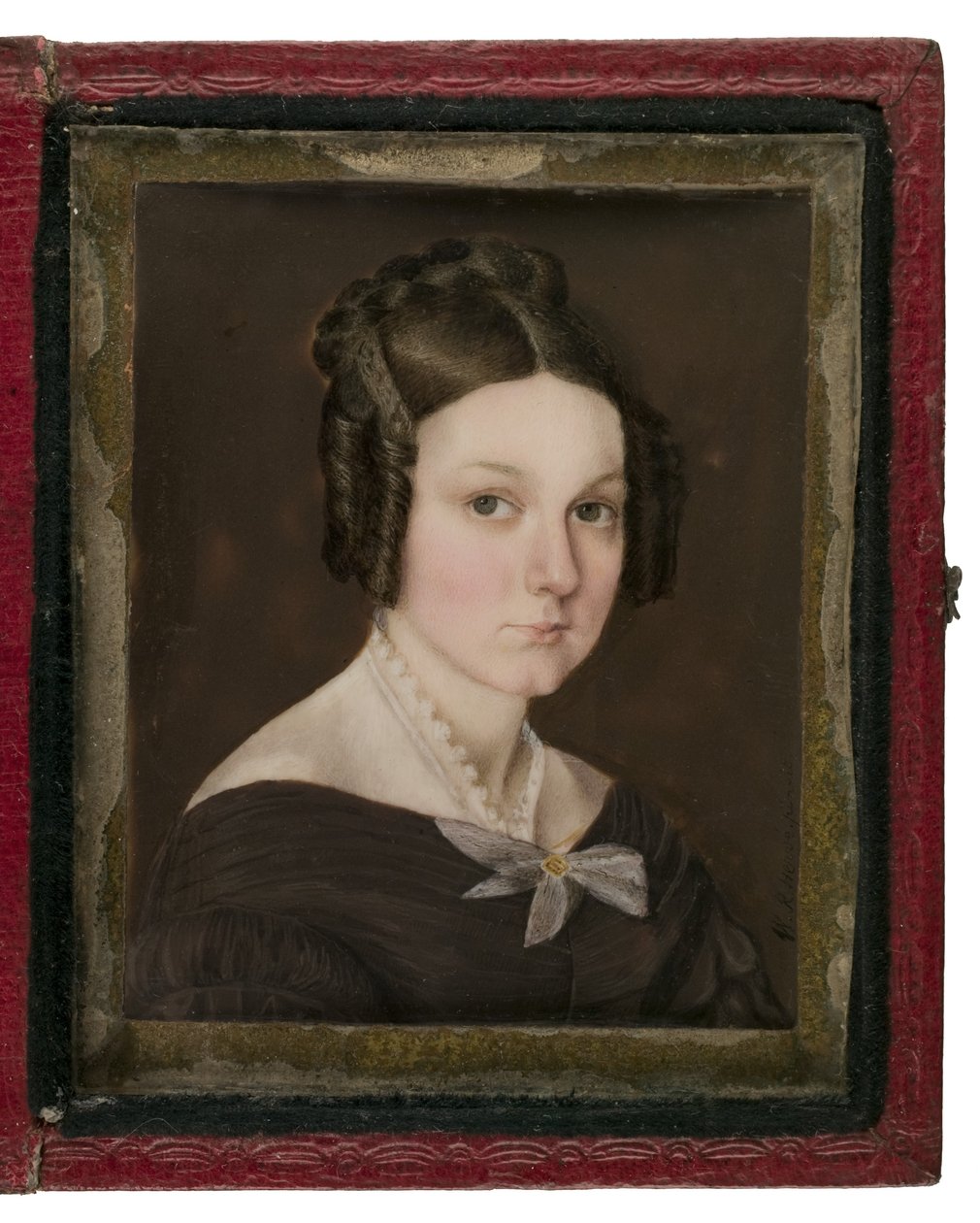 Sally Ann Gage miniatűr portréja, 1837 körül (wc elefántcsontra, bőrre, rézötvözetre és üvegre) alkotó: W. R. Herve