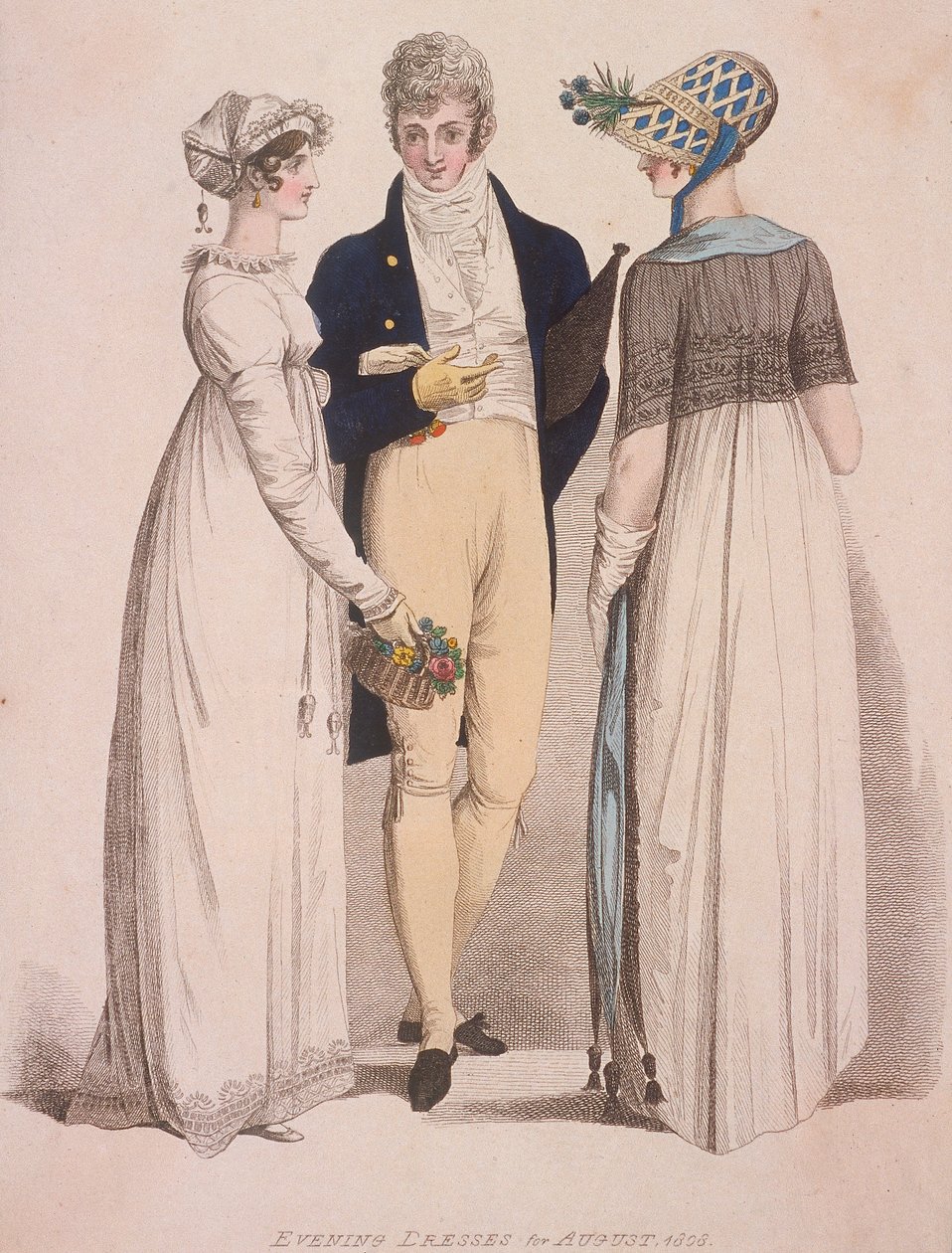 Két nő és egy férfi estélyi ruhában, 1808 alkotó: W Read