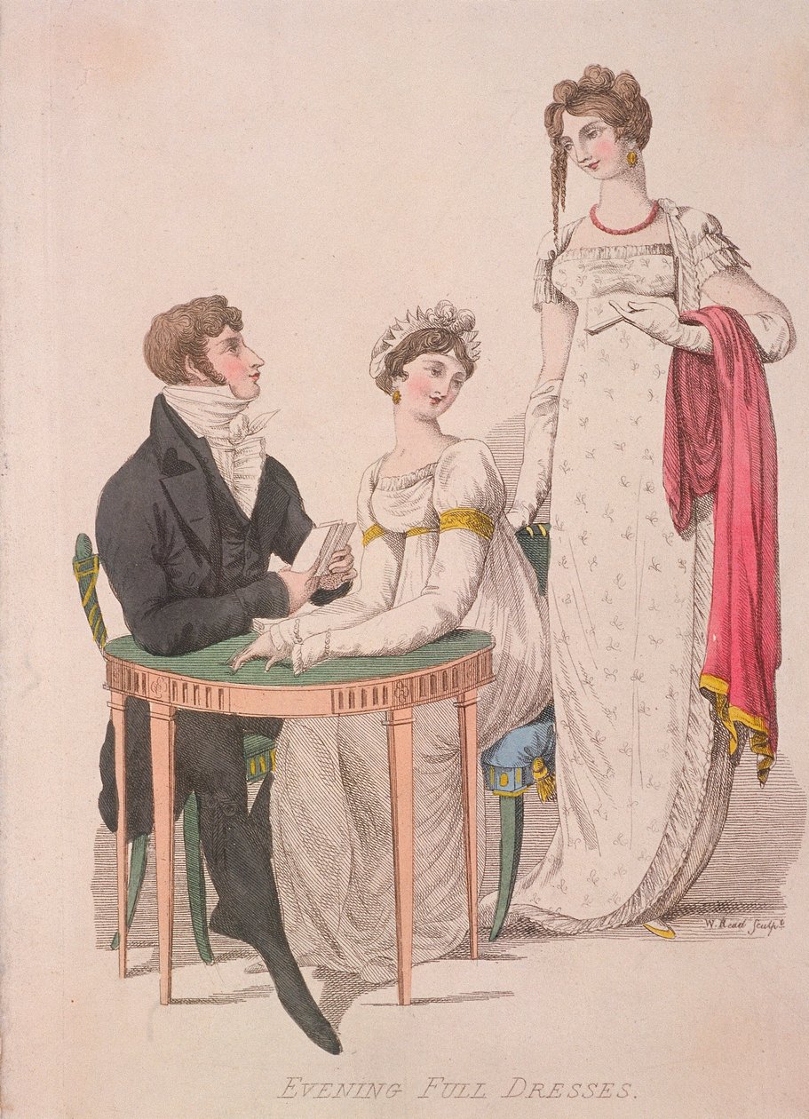 Két nő és egy férfi teljes estélyi ruhában, c1810 alkotó: W Read