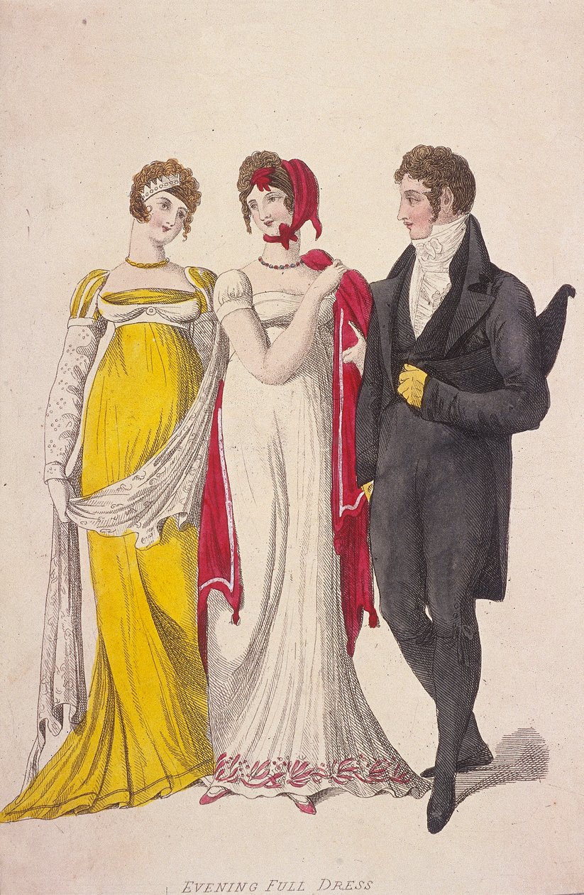 Két nő és egy férfi teljes estélyi ruhában, c1810 alkotó: W Read