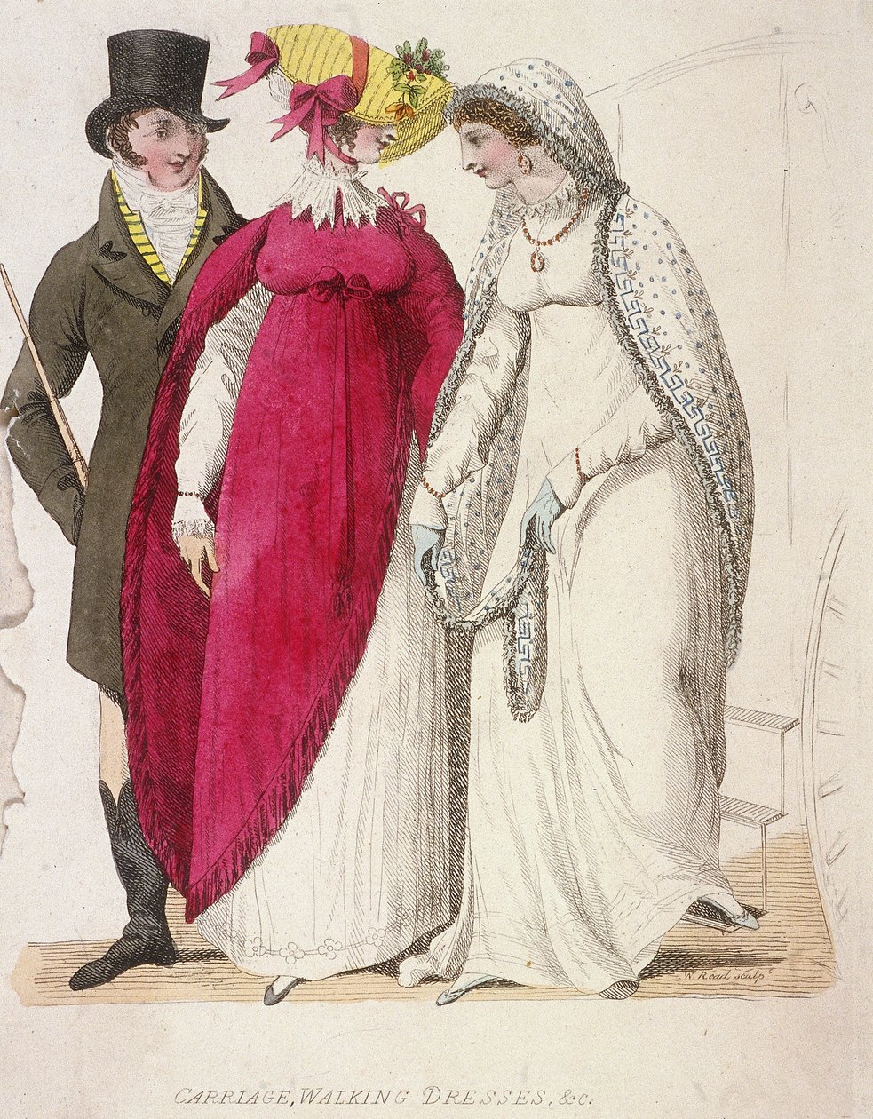 Két sétálóruhát viselő nő egy férfi kíséretében, c1810 alkotó: W Read