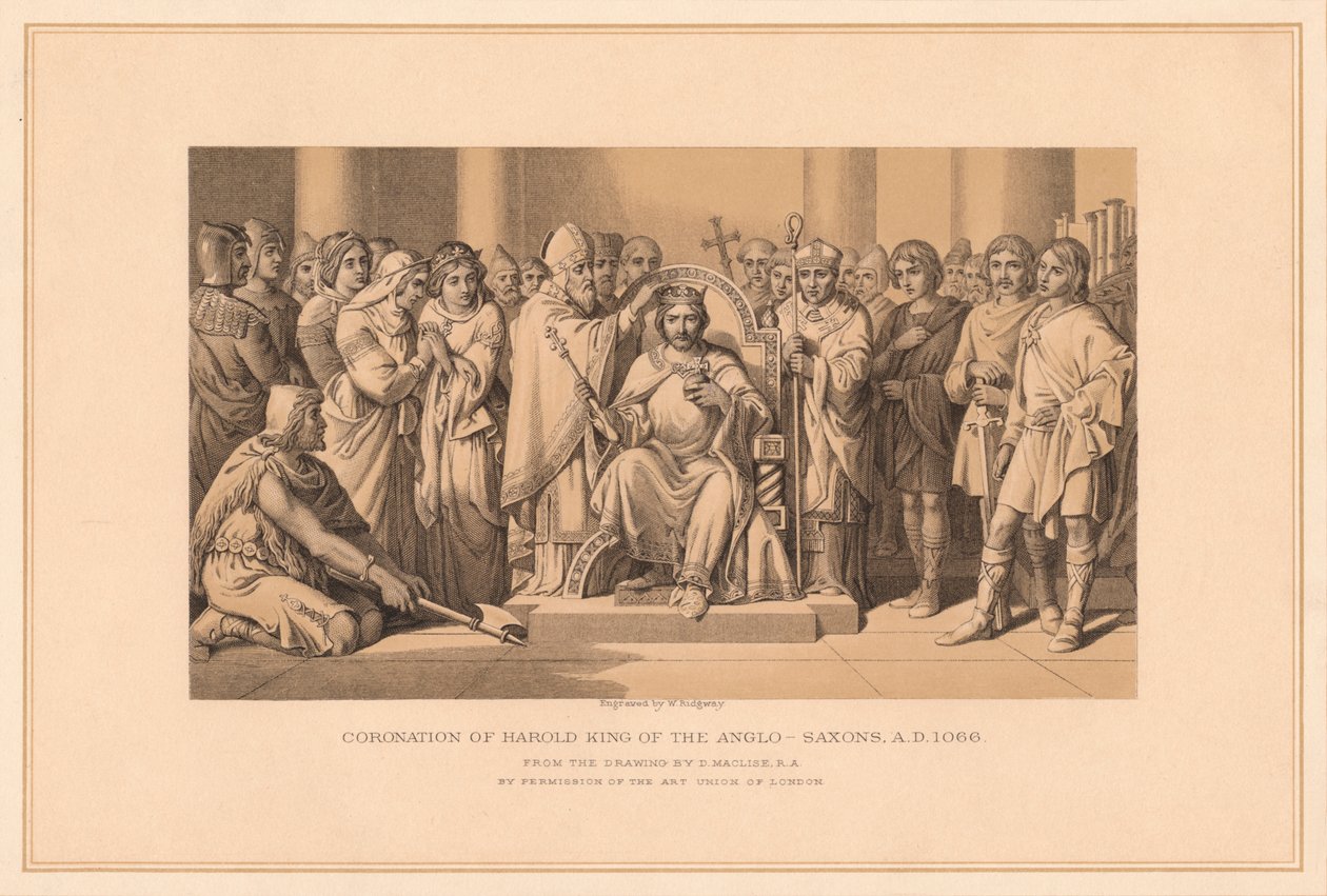 „Harold King of the Anglo-Saxons koronázása, i.sz. 1066”, 1878 alkotó: W Ridgway