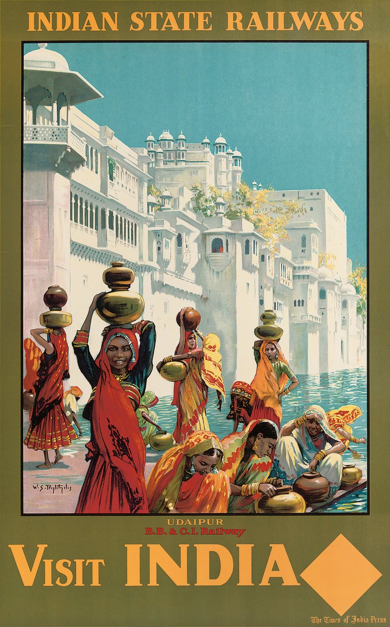 Látogassa meg Indiát, Udaipurt, az Indian State Railways reklámplakátját (színes litográfia) alkotó: W. S. Bylityllis