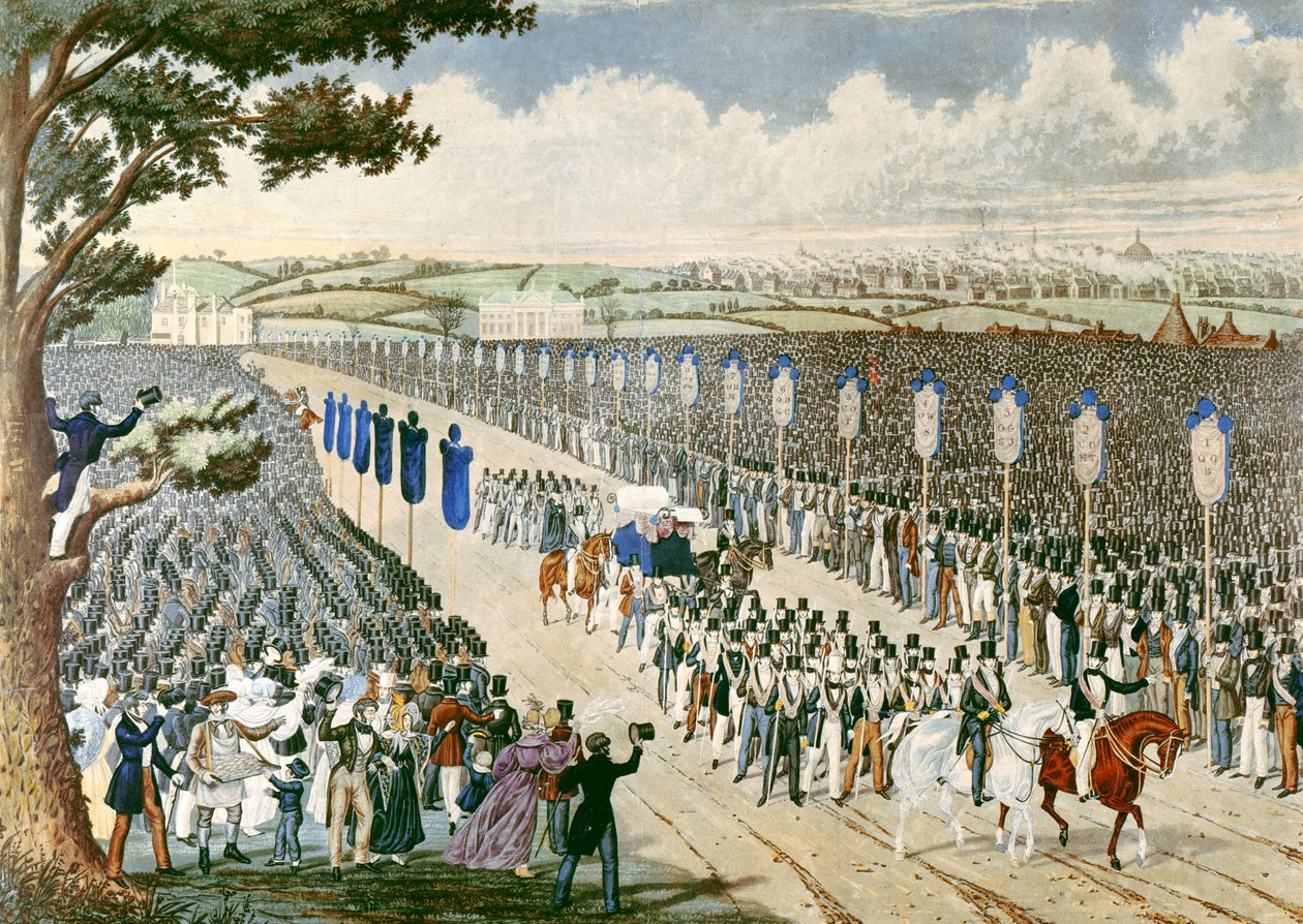 Szakszervezetisták találkozója Koppenhágai Fieldsben, 1834 (színes metszet) alkotó: W. Summers