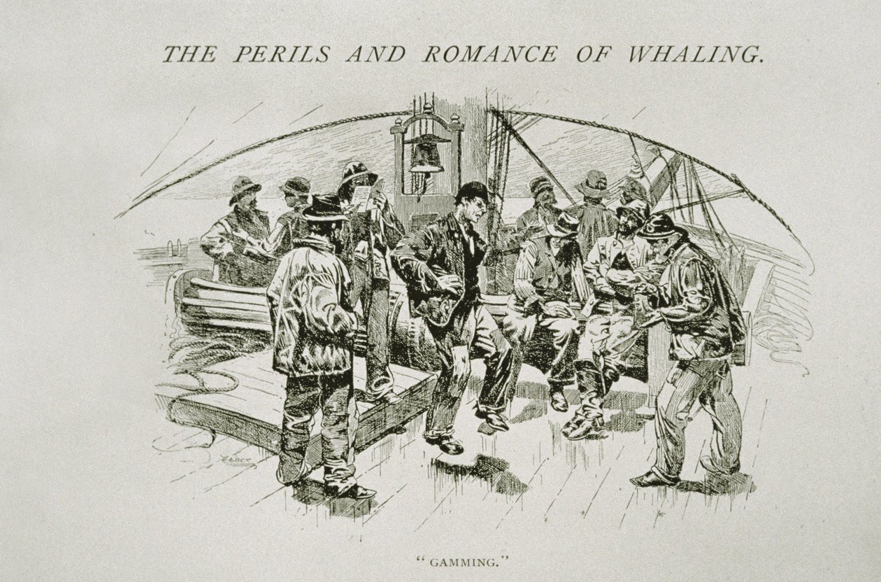 „Gaming” (a bálnavadászok pihennek és táncolnak a fedélzeten), a „The Perils and Romance of Whaling”-hoz a Century Magazine-ban, 1890. augusztus (metszet) alkotó: W. Taber