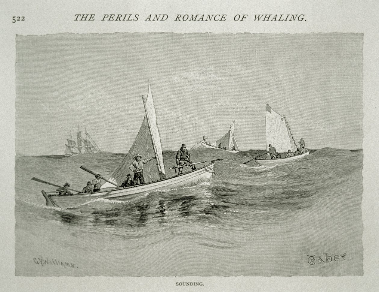„Sounding” (kis csónakos legénység kézi szigonnyal készülnek a vadászatra), „The Perils and Romance of Whaling” a Century Magazine-ban, 1890. június (metszet) alkotó: W. Taber