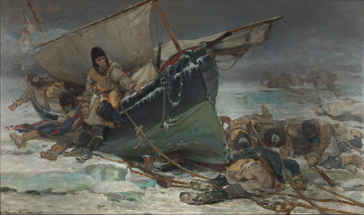 Sir John Franklin haldoklik a hajója mellett a HMS "Erebus" és a "Terror" Északnyugati átkelési expedíciója során. alkotó: W. Thomas Smith