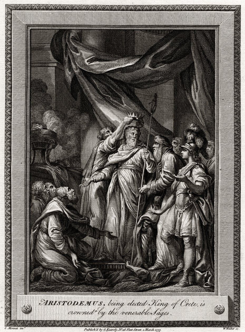 Arisztodémust, akit Kréta királyává választanak, a tiszteletreméltó bölcsek koronázzák meg, 1777 alkotó: W. Walker