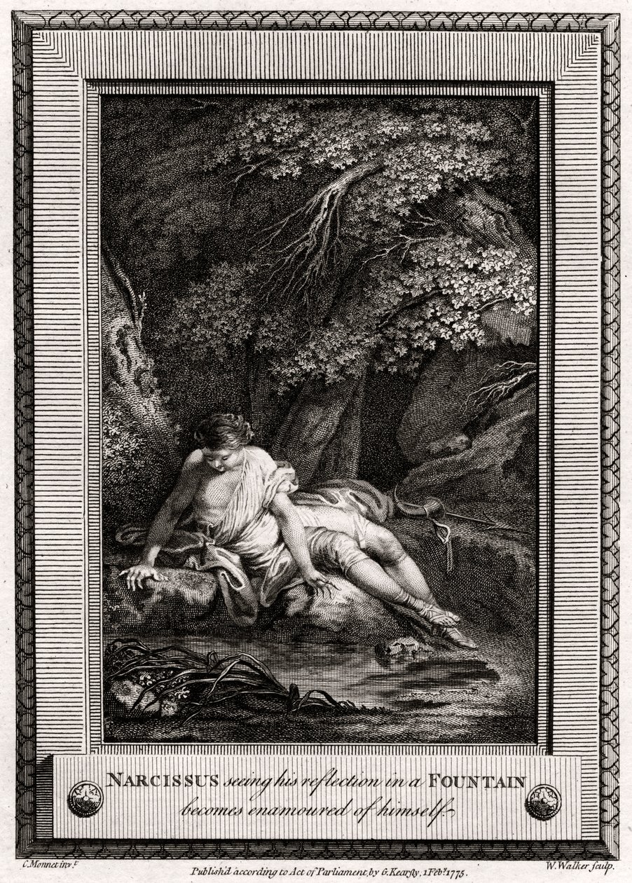 Nárcisz, aki meglátja tükörképét a szökőkútban, beleszeret önmagába, 1775 alkotó: W. Walker