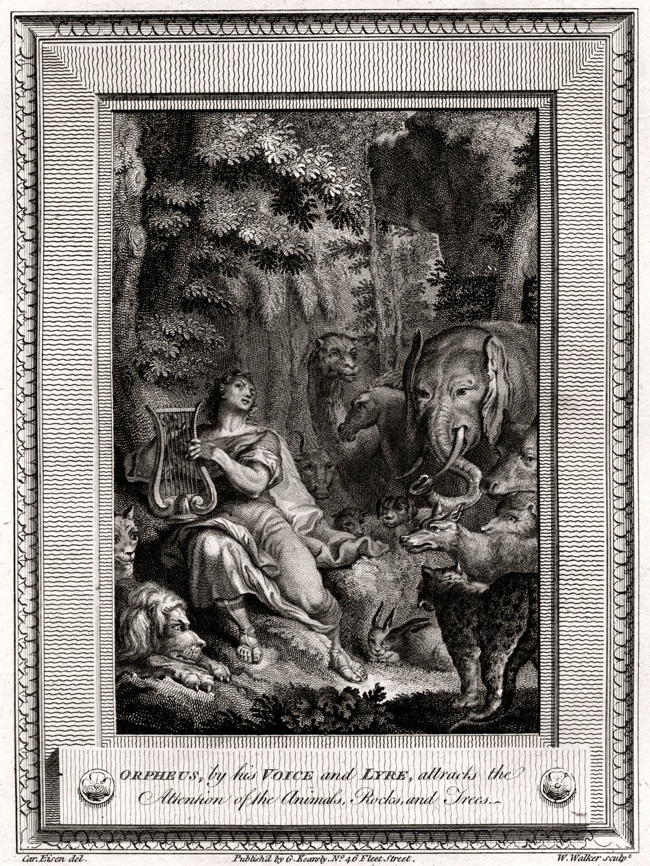 Orpheus hangjával és lírájával hívja fel magára az állatok, sziklák és fák figyelmét, 1774. alkotó: W. Walker