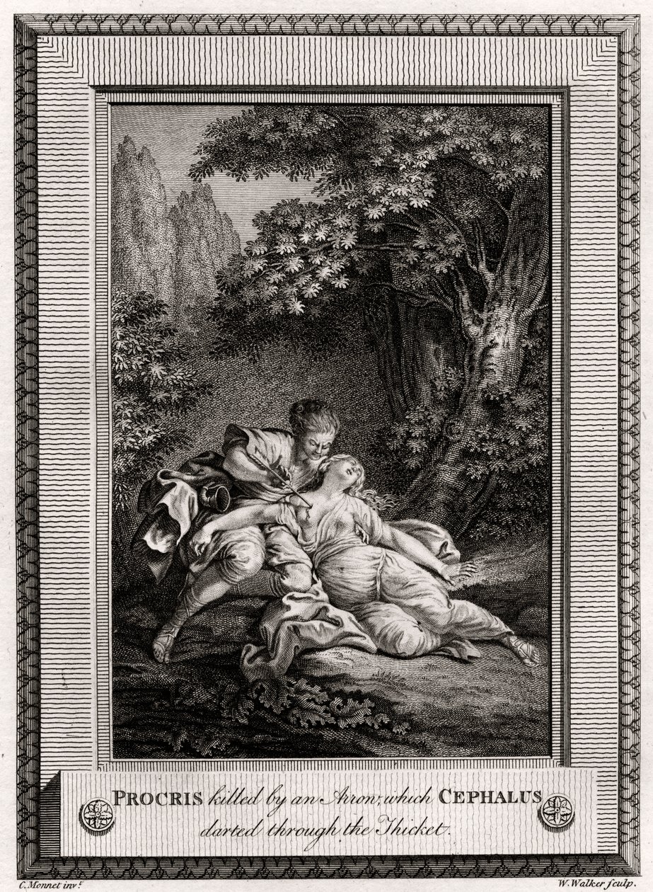 Prokrisz megölte egy nyílvesszővel, amelyet Cephalus a bozótoson keresztül lökött át, 1775 alkotó: W. Walker