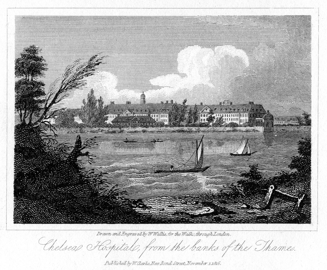 Chelsea Kórház, a Banks of the Thames, London, 1816. alkotó: W. Wallis
