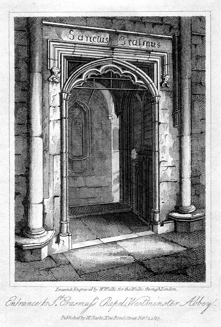 A St Erasmus-kápolna bejárata, Westminster Abbey, London, 1817. alkotó: W. Wallis