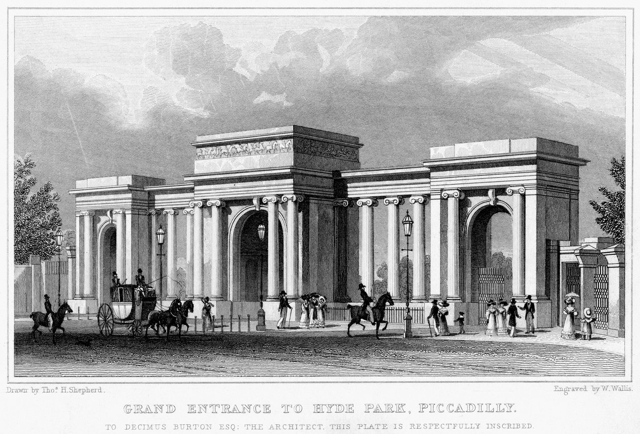 Nagy bejárat a Hyde Parkba, Piccadilly, Westminster, London, 19. század. alkotó: W. Wallis
