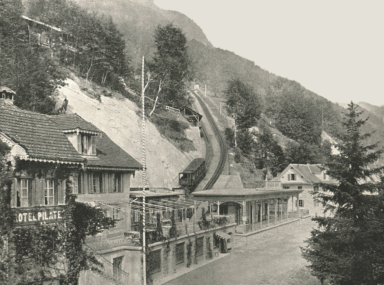 A Pilatus vasút kiindulópontja, Alpnachstad, Svájc, 1895. alkotó: W and S Ltd