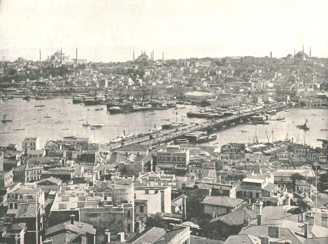 A Galata híd az Aranyszarv fölött, Konstantinápoly, Oszmán Birodalom, 1895. alkotó: W and S Ltd