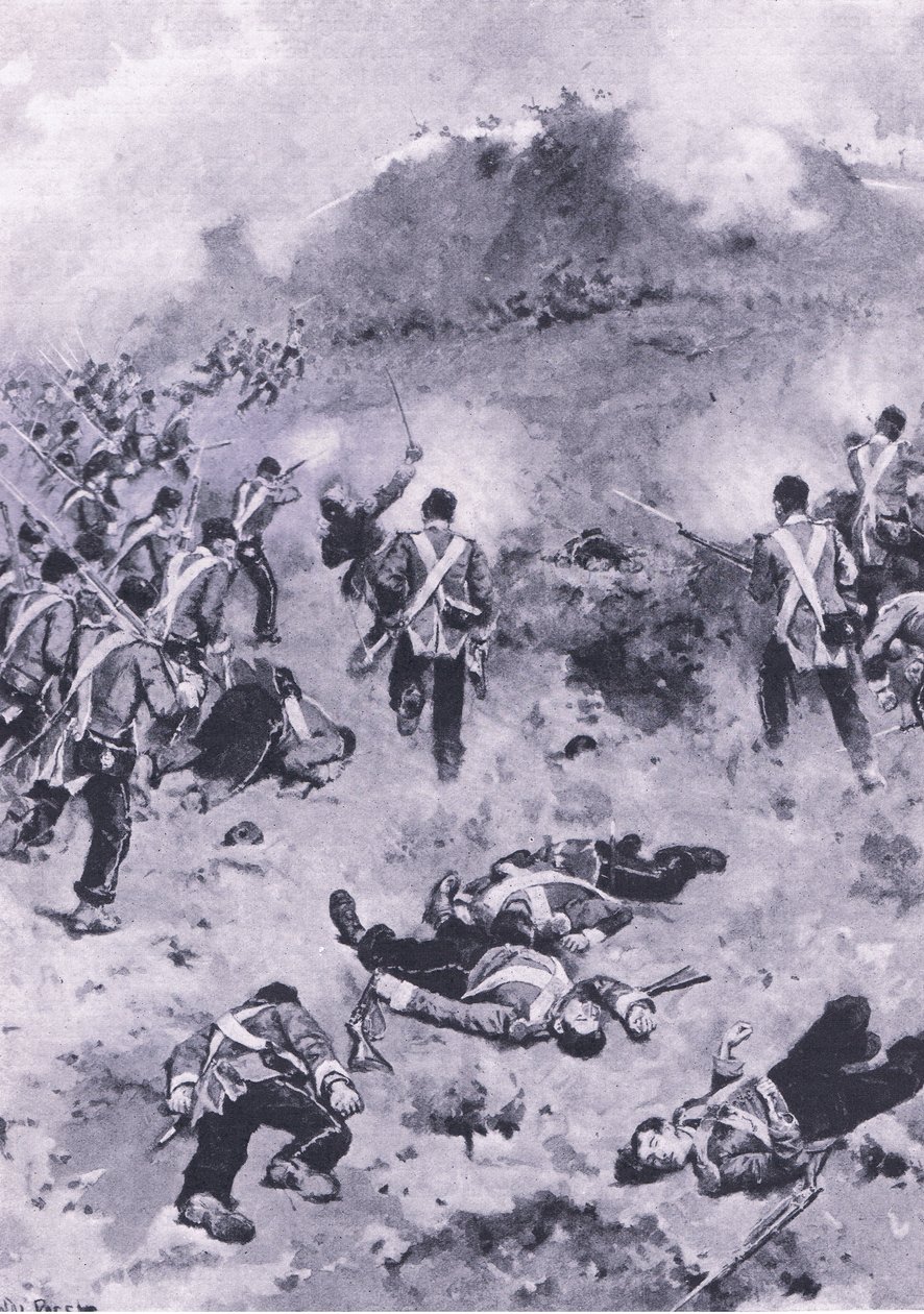 Assault on the Redan, illusztráció a brit csaták szárazföldön és tengeren című filmből, 1915 alkotó: Wal Paget