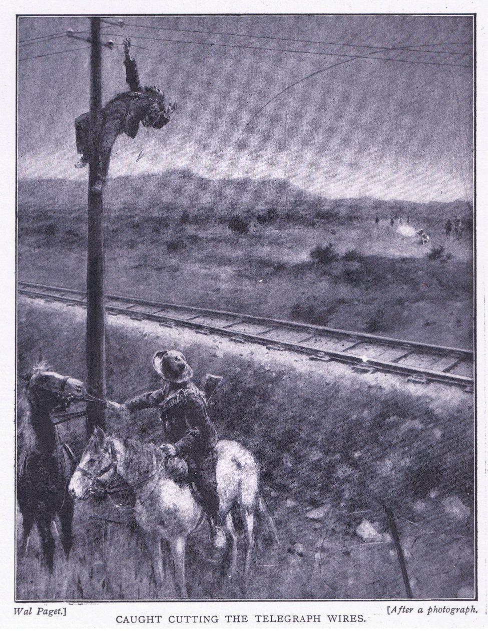 Elkapták a vezetékek elvágásán, illusztráció: Pretoria után: A gerillaháború, 1902 alkotó: Wal Paget