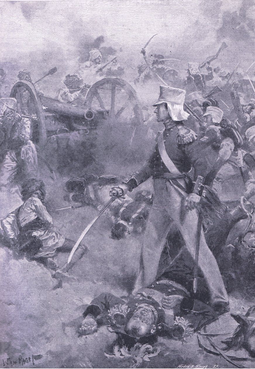 Chilianwala, 1849. január 13.: Pennycuick holttestét fia őrizte, illusztráció a brit csaták szárazföldön és tengeren című filmből, 1915 alkotó: Wal Paget