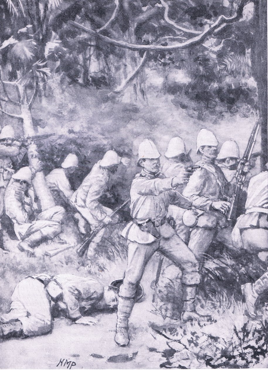 Harc az erdőn keresztül Coomassie felé vezető úton, illusztráció a "British Battles on Land and Sea" című filmből alkotó: Wal Paget