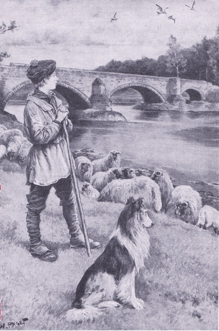 A Musselburgh-i régi római híd látványa megmozgatja John Rennie, a pásztorfiú képzeletét, a My Magazine-ból, pub. 1922 (litho) alkotó: Wal Paget
