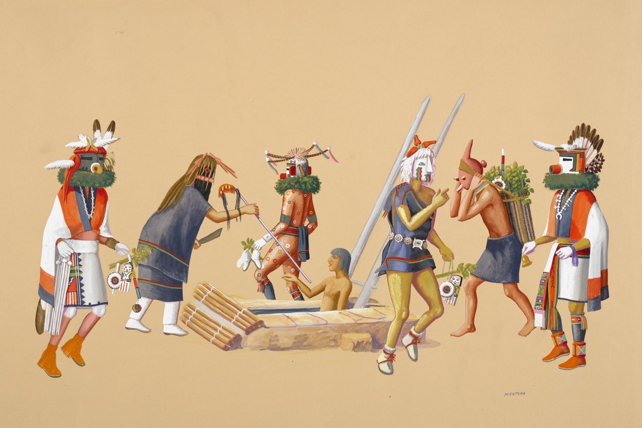 Powamu ceremónia, 1930-40 (tempera szőtt papíron) alkotó: Waldo Mootzka