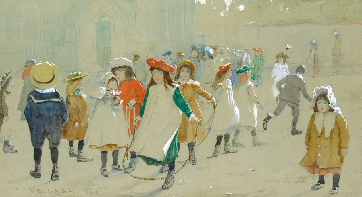 Gyerekek a játszótéren (pasztell wc-vel és fehér kiemeléssel a papíron) alkotó: Walter Bonner Gash